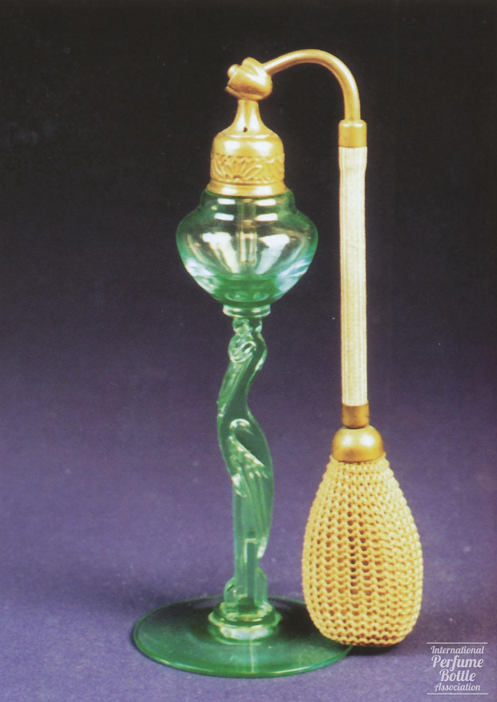 Green Glass Atomizer With Bird Stem, DeVilbiss, Tiffin Glass