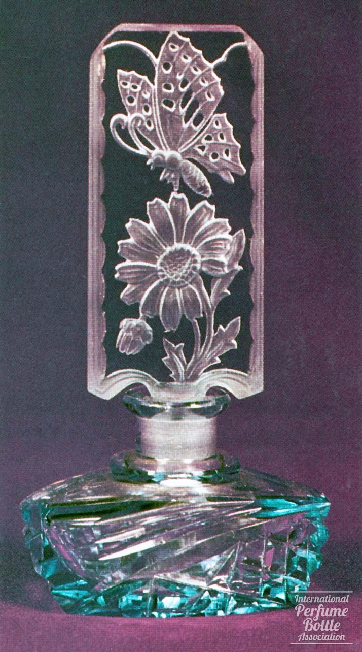 Blue Czech Bottle With Butterfly and Flower