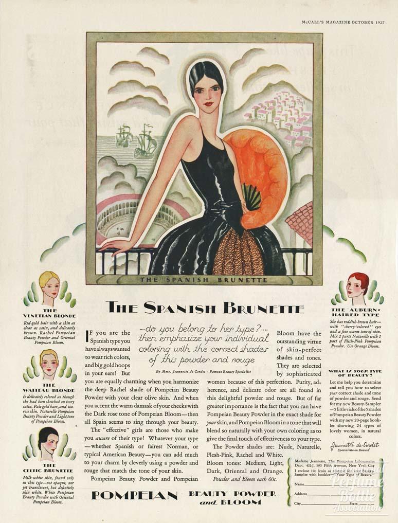 "Spanish Brunette" Beauty Powder by Pompeian Advertisement - 1927